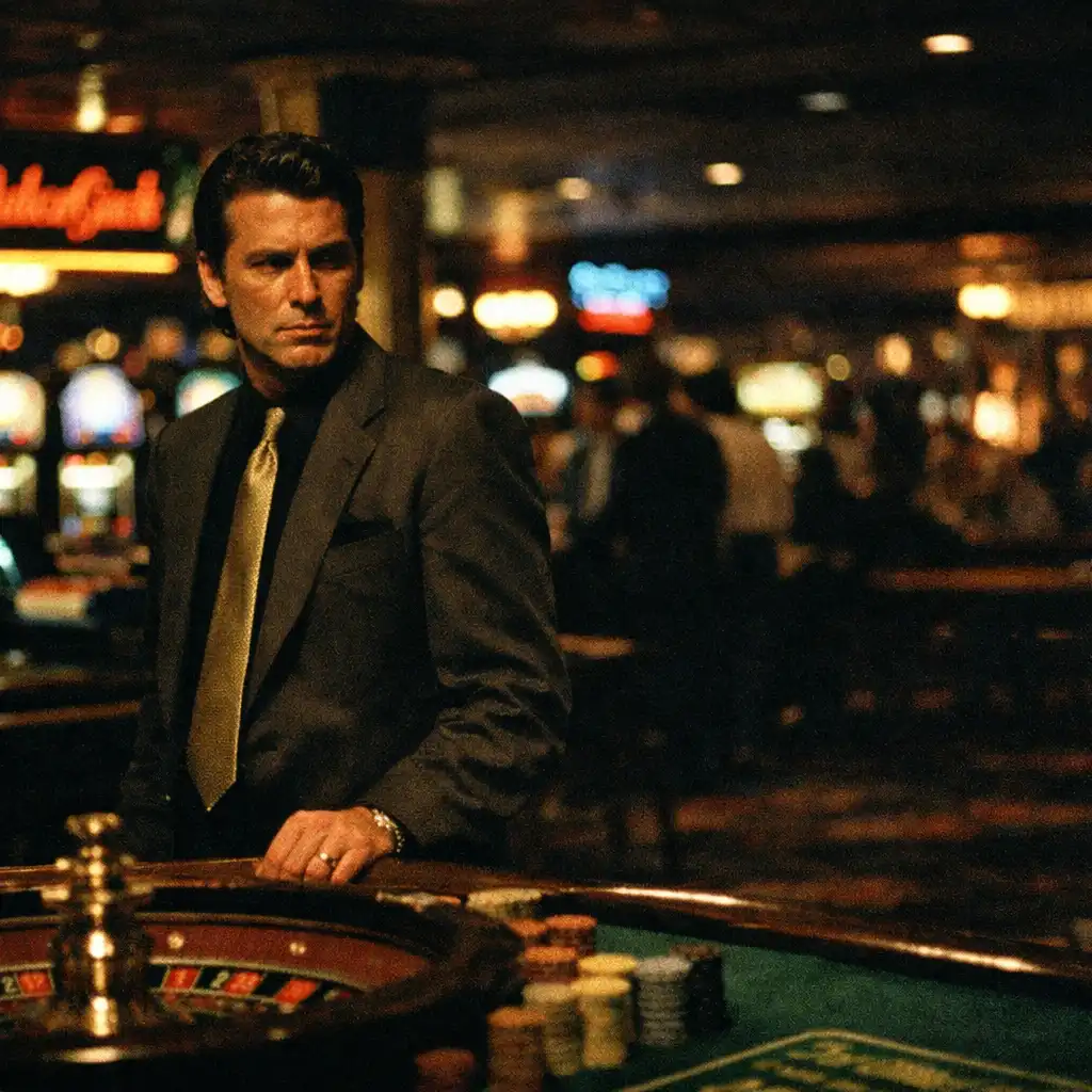 Sam 'Ace' Rothstein standing near a roulette table in a 1990s Las Vegas casino, looking tense and watchful