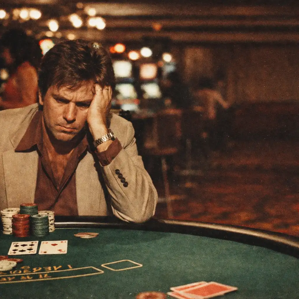 Axel Freed sitting at a blackjack table looking desperate in a 1970s casino