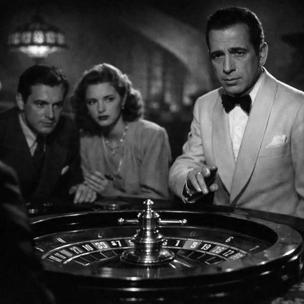 Black-and-white still from Casablanca showing Rick at the roulette table in Rick's Café Américain
