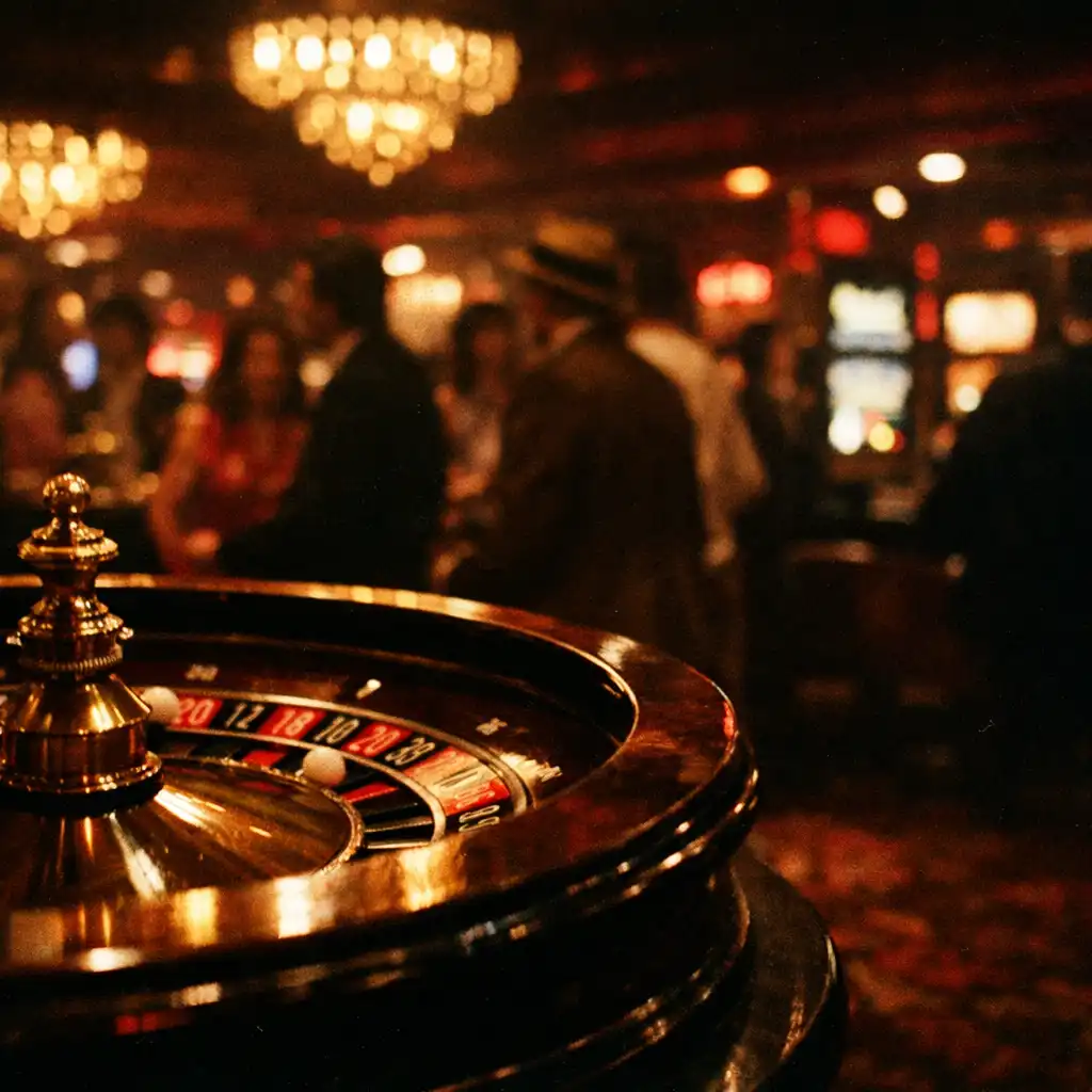 Dimly lit 1970s Las Vegas casino floor with a roulette wheel in the foreground and blurred figures in the background