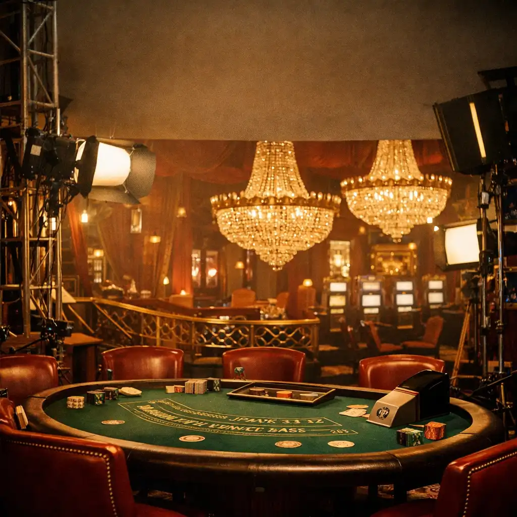 Behind-the-scenes film set of a luxurious casino with a blackjack table and chandeliers