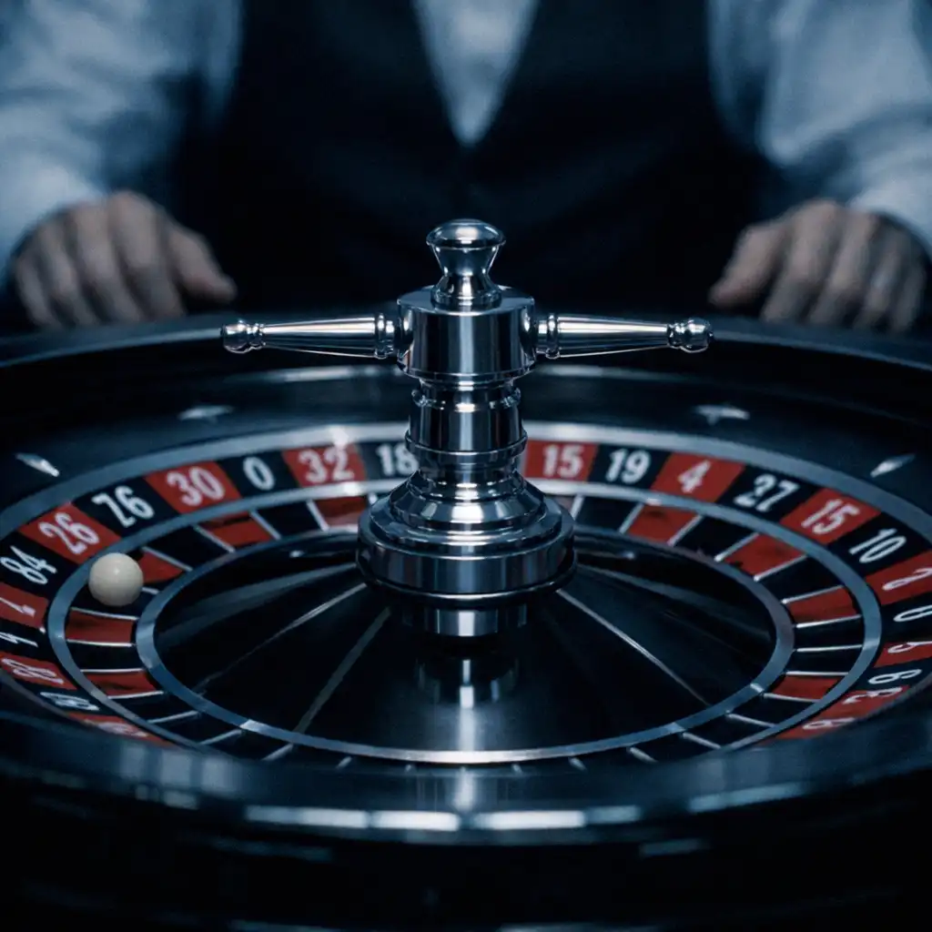 Close-up still from Croupier showing a roulette wheel in sharp focus with blurred croupier hands