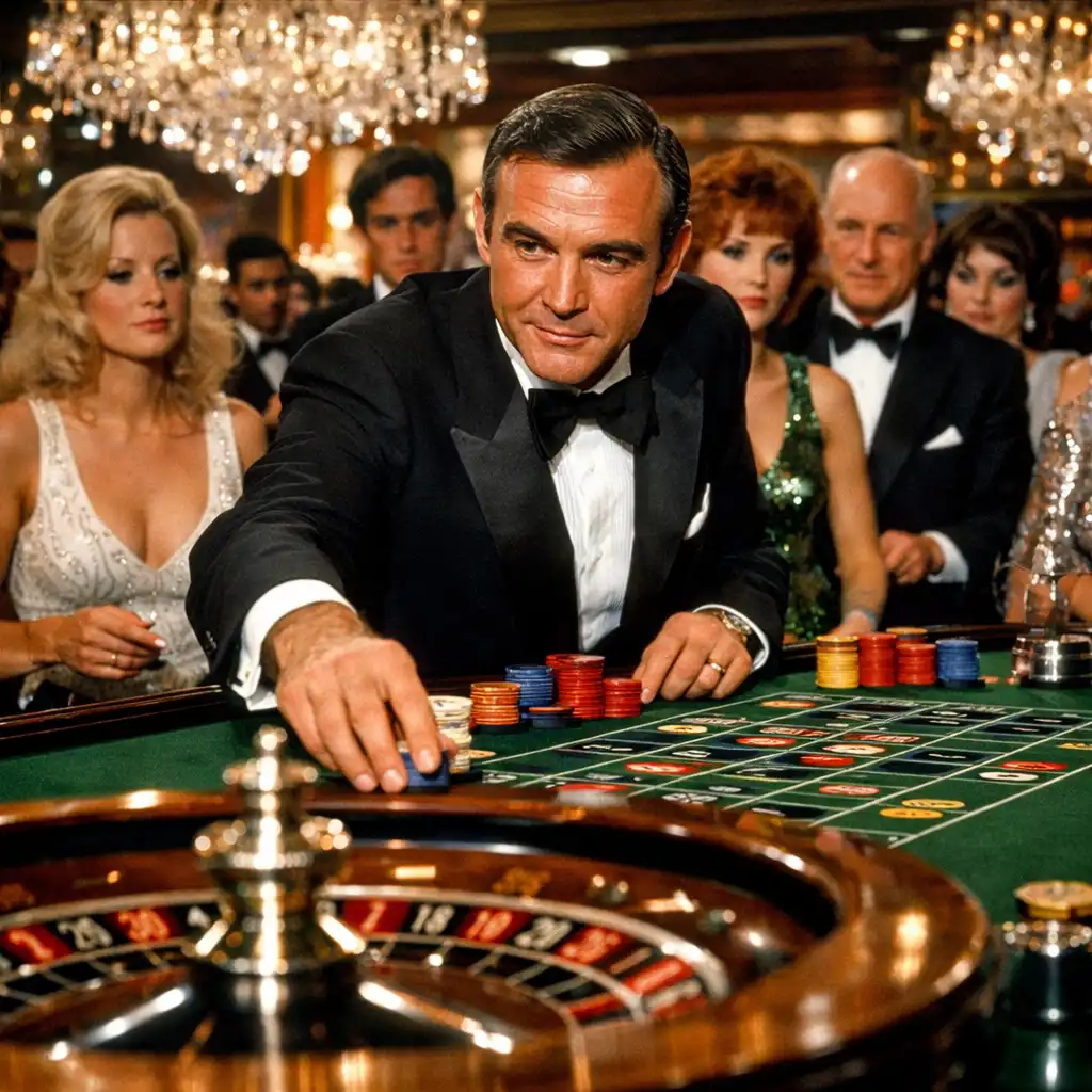 Glamorous still from Diamonds Are Forever showing James Bond at a roulette table in a luxurious casino