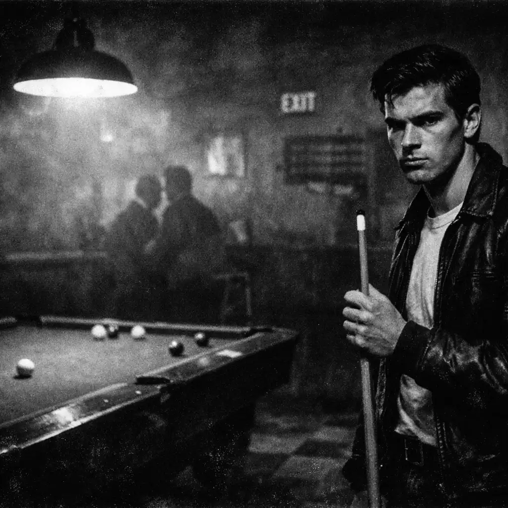 Fast Eddie Felson holding a cue stick in a smoky 1960s pool hall