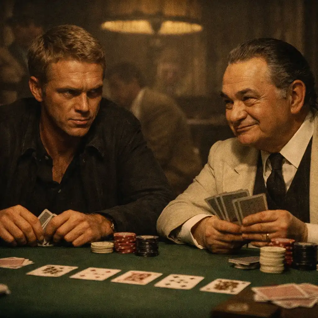 Still from The Cincinnati Kid (1965) showing a tense poker game between two men