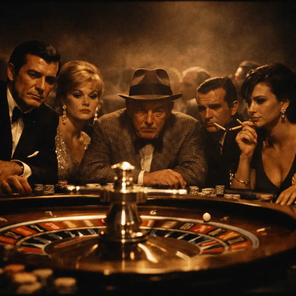 Dramatic still from a classic 1960s casino film showing a crowded roulette table in a dimly lit, smoky casino