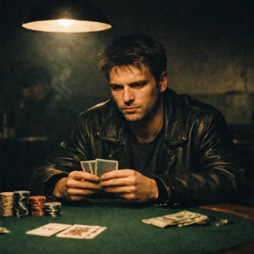 Mike McDermott holding cards in a dark underground poker club