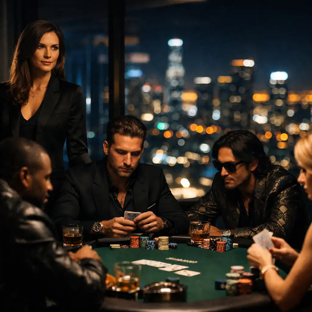 Molly Bloom standing at the head of a modern high-stakes poker table surrounded by wealthy players