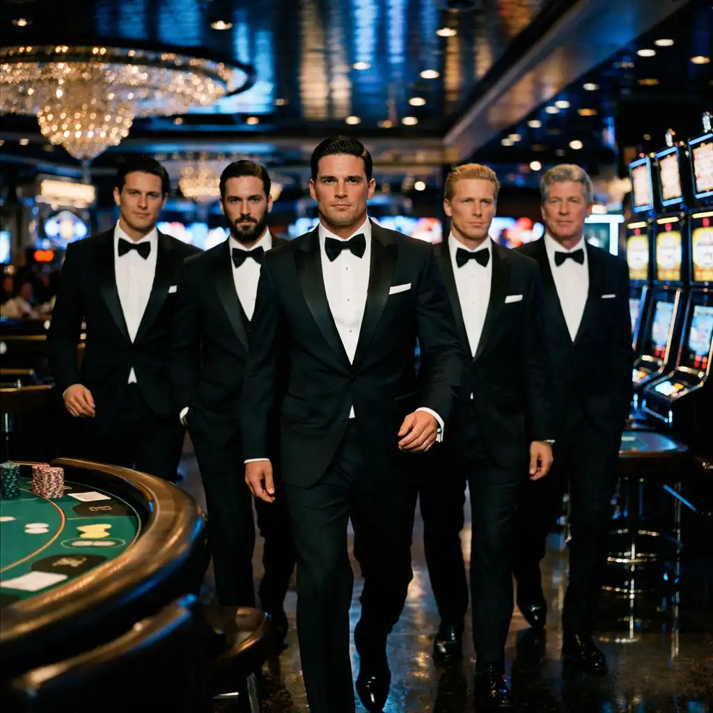 A group of well-dressed men walking through a sleek modern casino floor