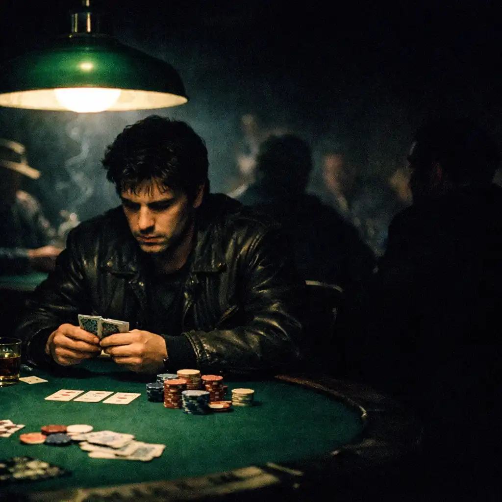 A young man in a leather jacket staring at his cards in a dim underground poker room