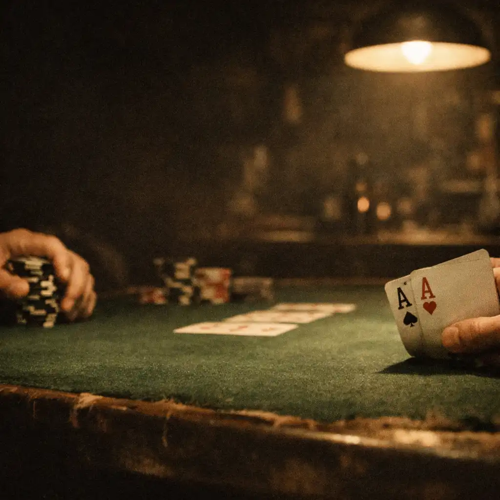 Dimly lit underground poker table in Rounders