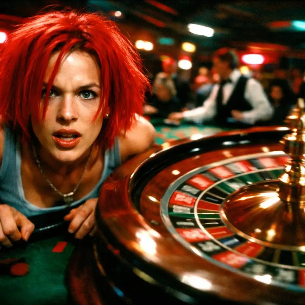 Dynamic still from Run Lola Run showing Lola at a casino roulette table with intense expression