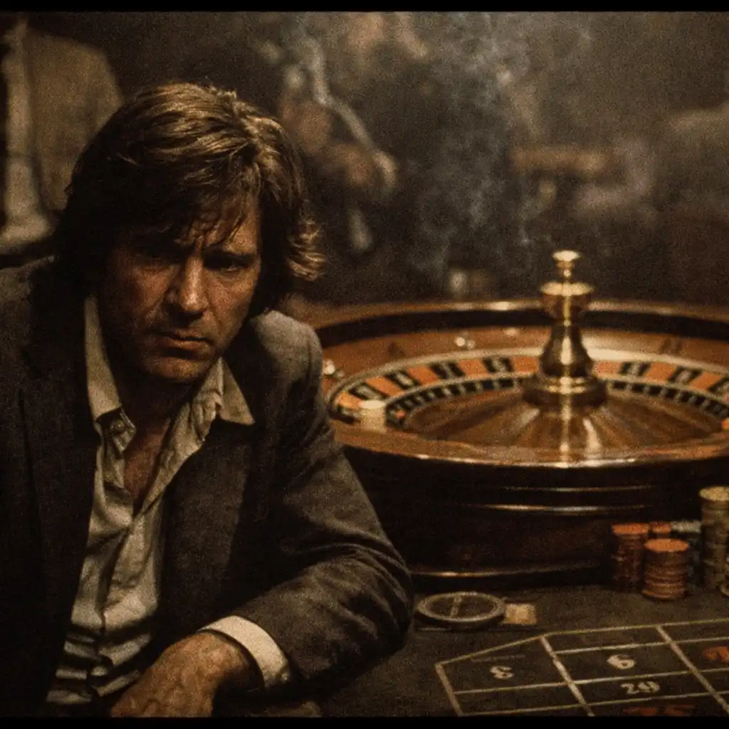 Gritty still from The Gambler showing a man in a rumpled suit staring at a roulette wheel in a smoky casino