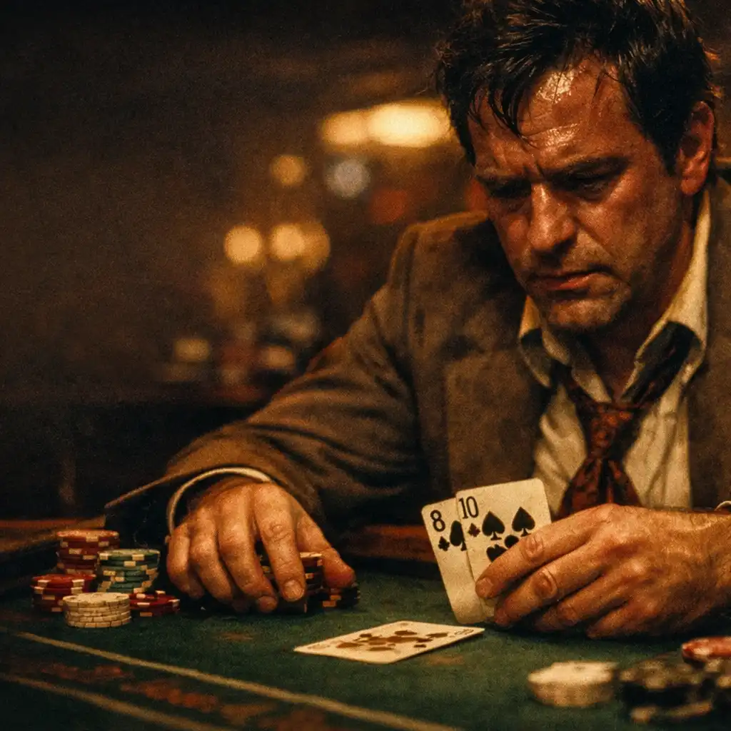 A tense man in a rumpled suit sits at a dimly lit blackjack table, chips scattered before him, his face strained with desperation.