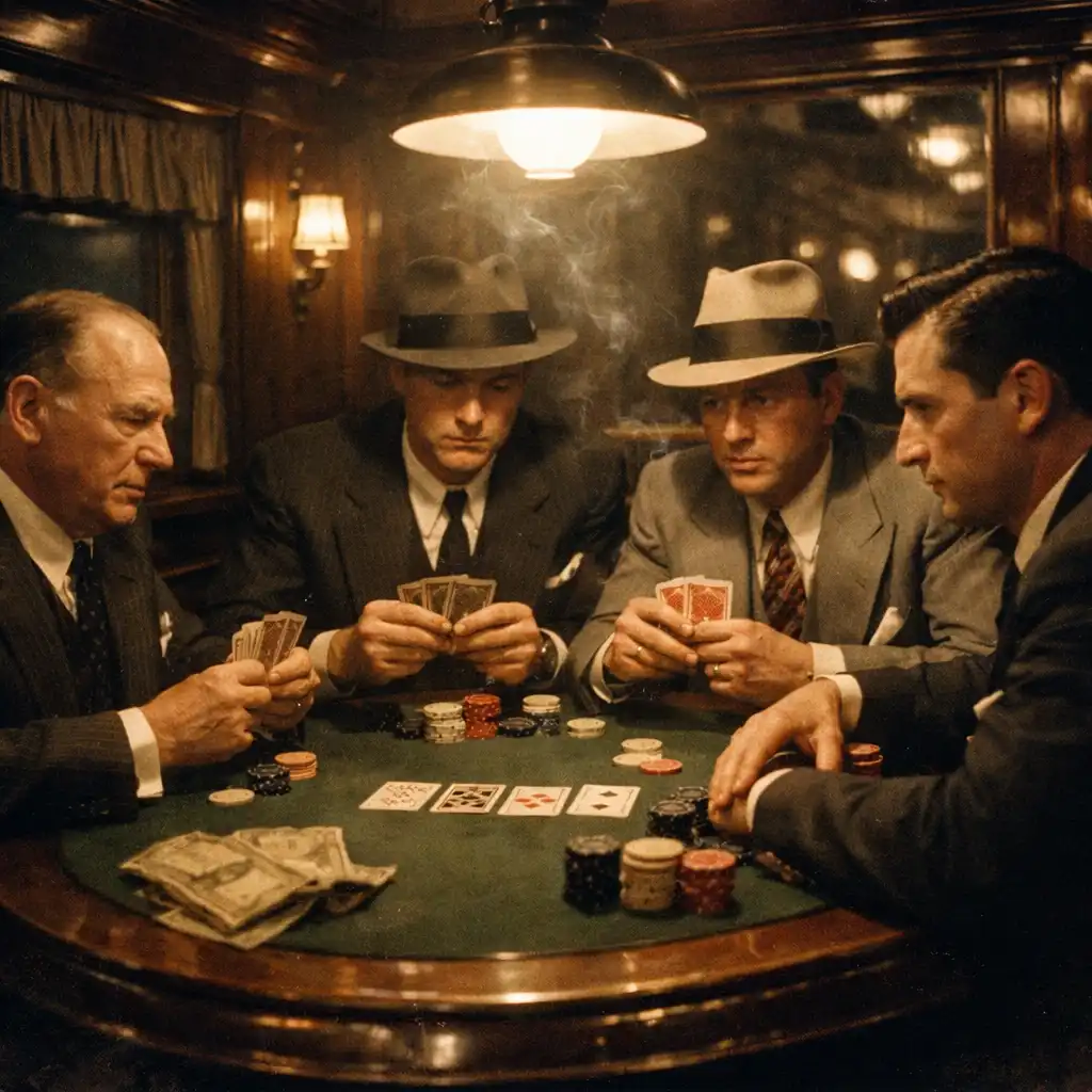 Four men in period suits playing poker around a table in a 1930s train car