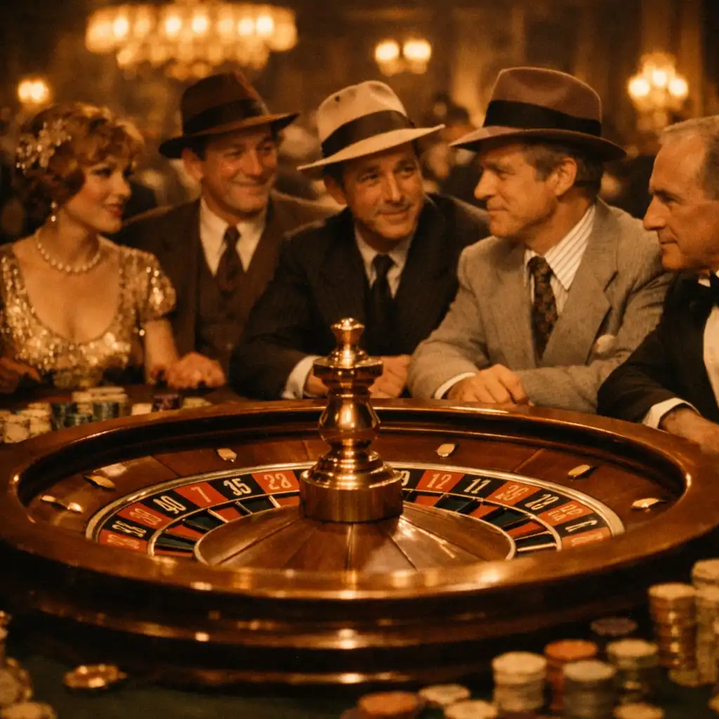 Period still from The Sting showing a 1930s roulette table surrounded by con artists
