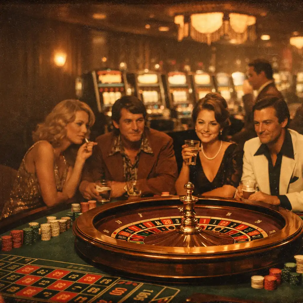 Vintage casino interior with a roulette table and slot machines, evoking 1970s Las Vegas