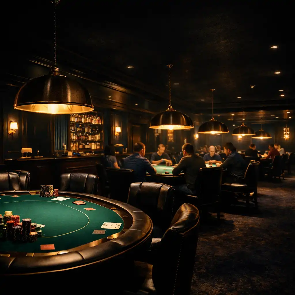 Wide shot of a poker room with low ambient lighting and multiple tables