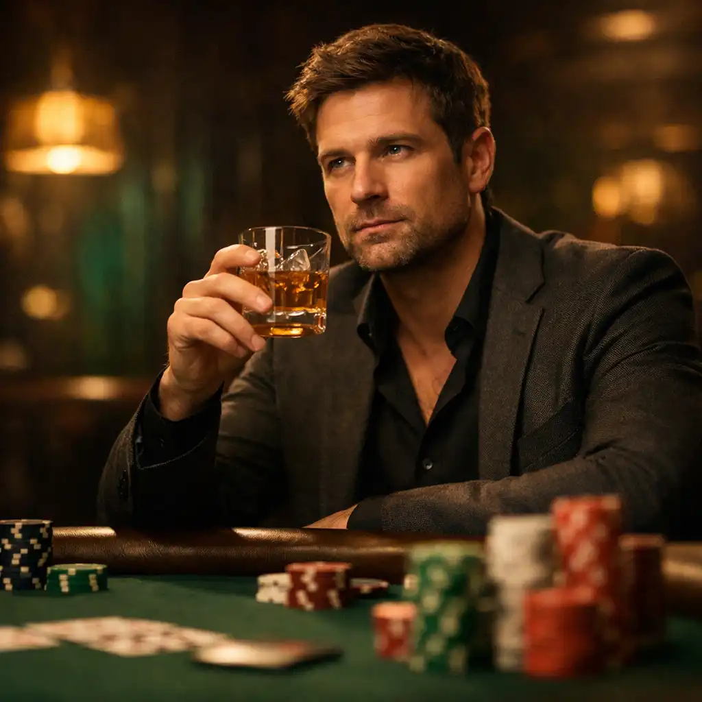 Poker player at a dimly lit table holding a glass of whiskey with chips and cards in the foreground