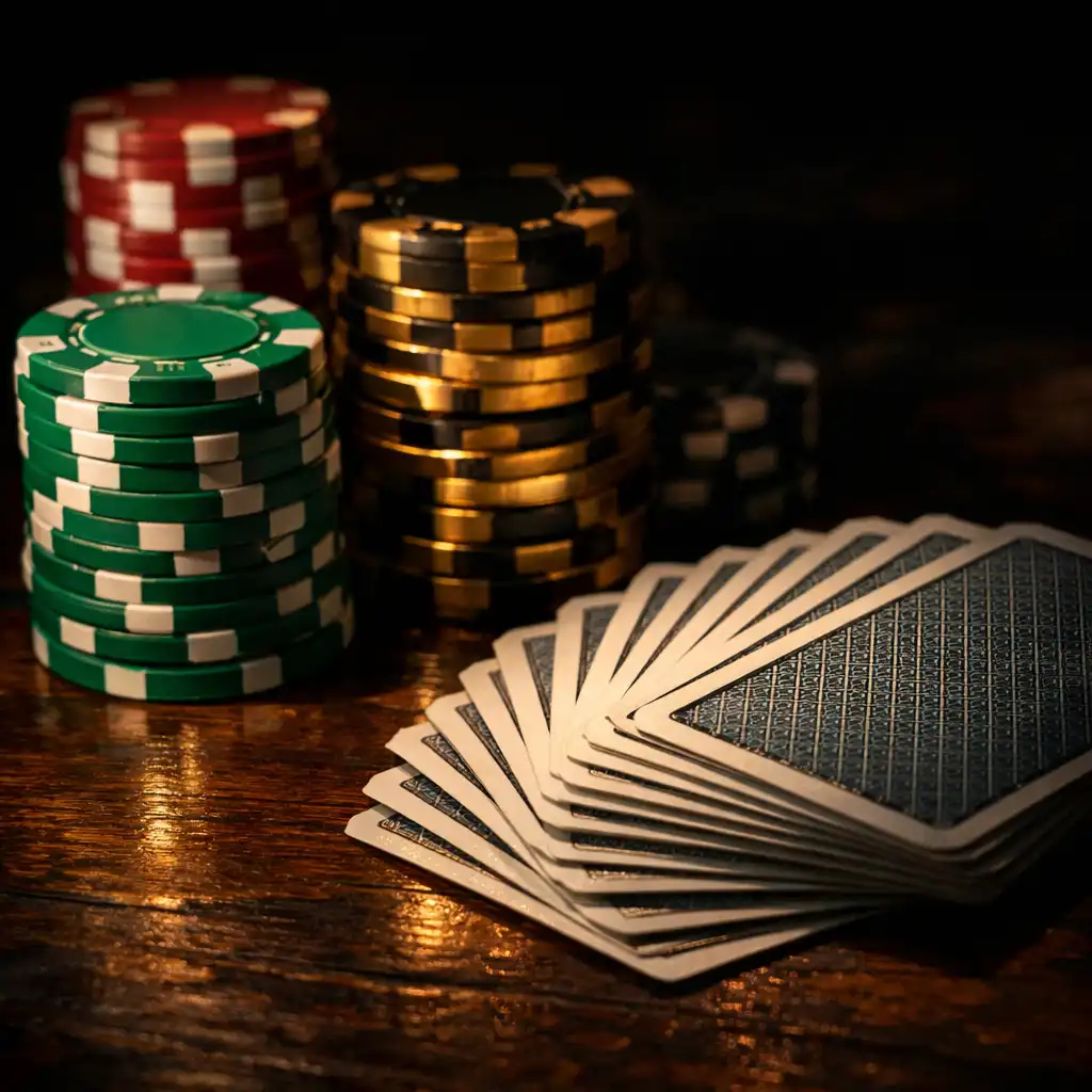 Close-up of poker chips and playing cards on a dark wooden table under dramatic warm lighting