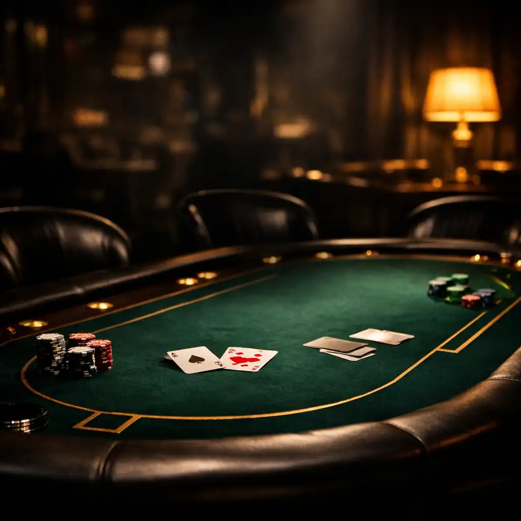 Moody premium poker table in the Chefhouse Hub Card Lounge with emerald felt, gold accents, chips and cards under low ambient lighting