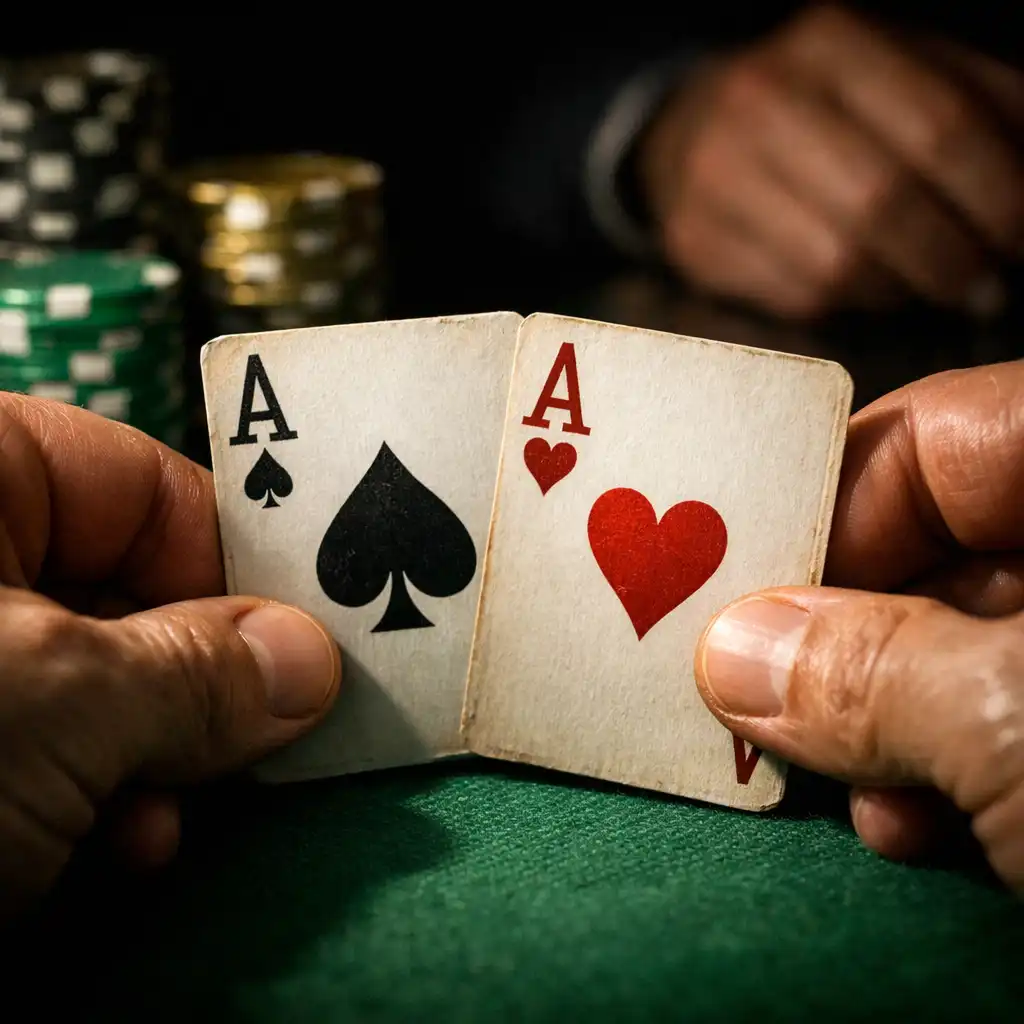 Close-up of a player holding a pair of aces over green felt