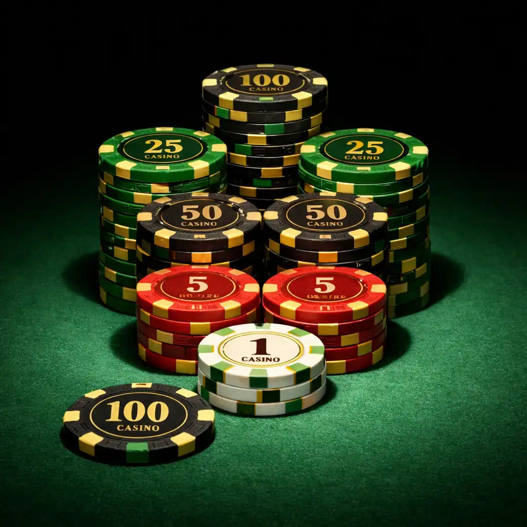 Stacks of ceramic poker chips in gold and emerald on a poker table