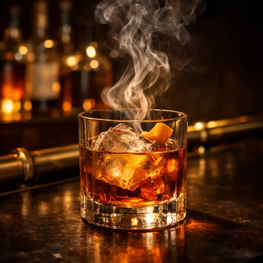Signature smoked cocktail on a dark bar counter with rising smoke