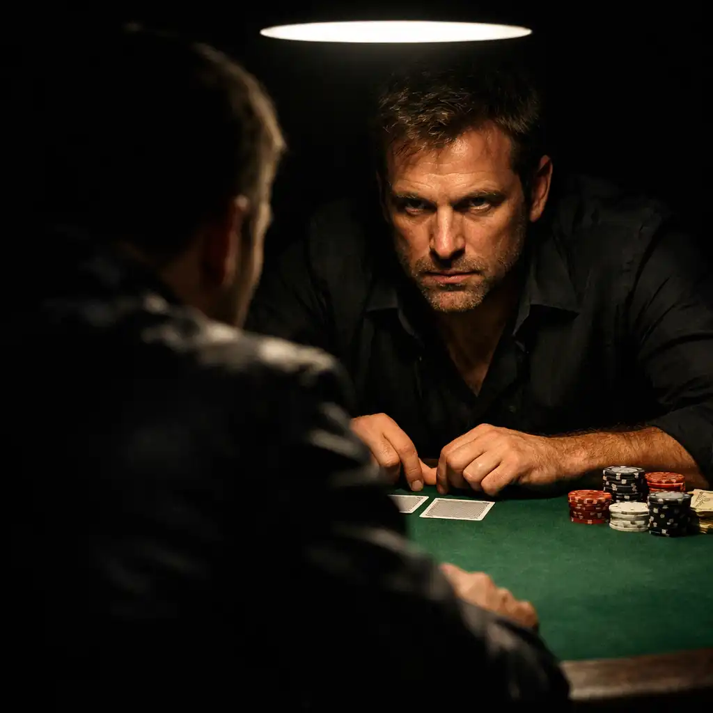 Two serious poker players in a head-to-head showdown under a single lamp