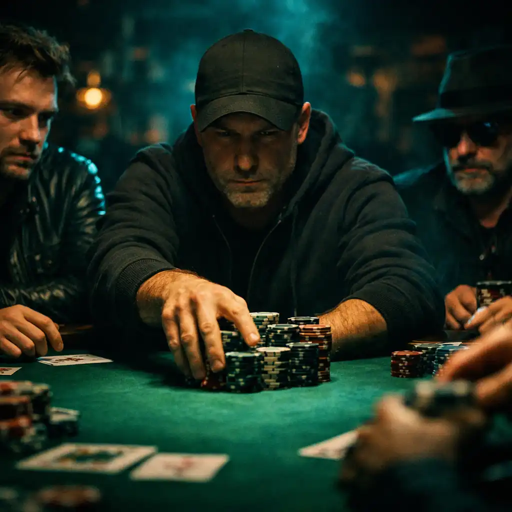 Serious poker players focused on a game, one pushing chips forward under dim atmospheric lighting