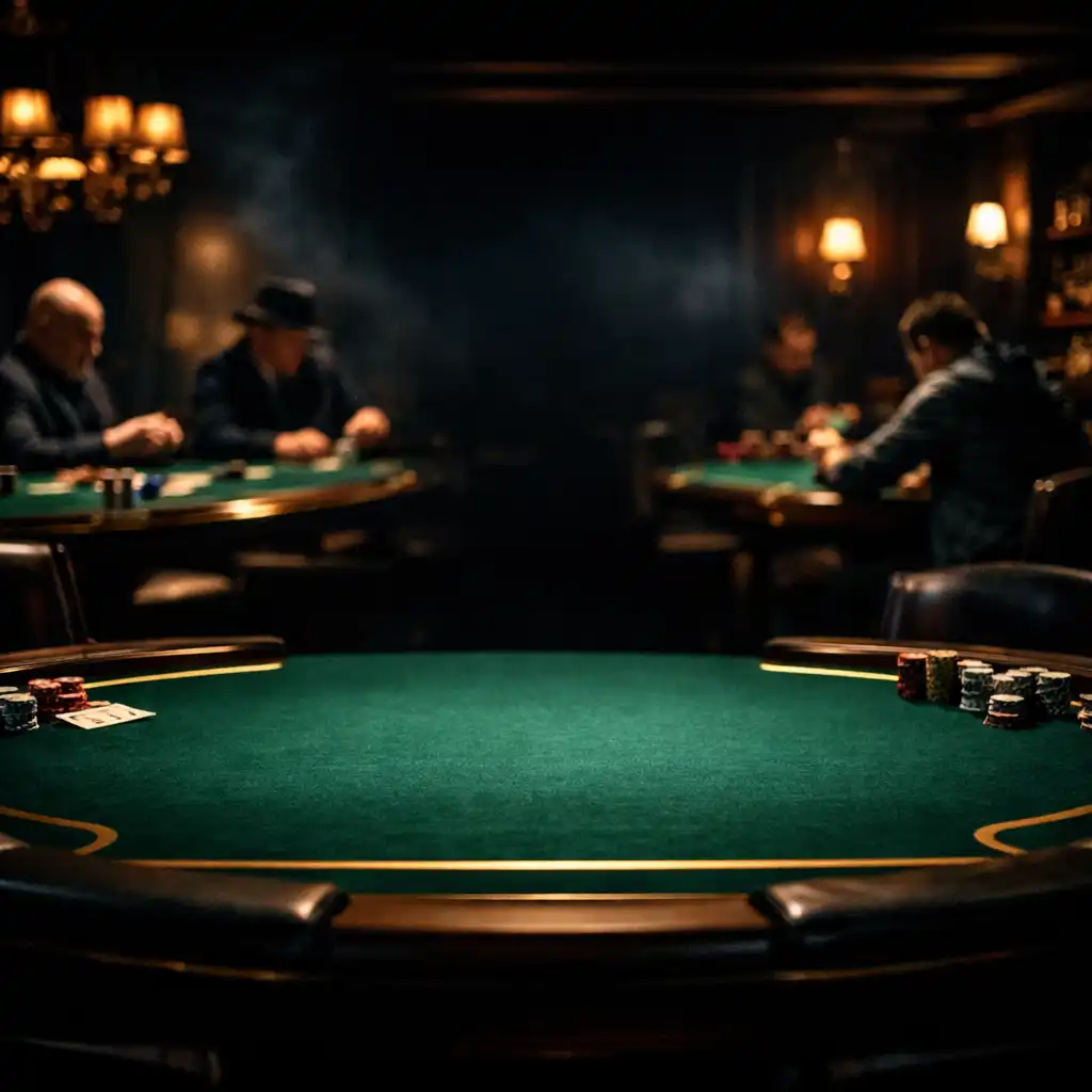Moody wide-angle view of Chefhouse Hub's dedicated poker room with emerald felt tables and low ambient lighting