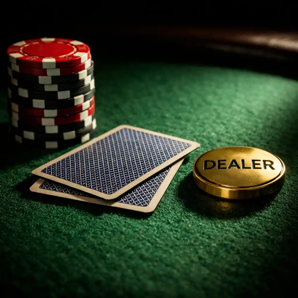 Close-up of a professional poker table with chips, cards, and a gold dealer button