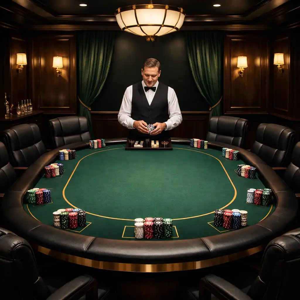 Tournament-grade poker table setup with professional dealer and ceramic chips