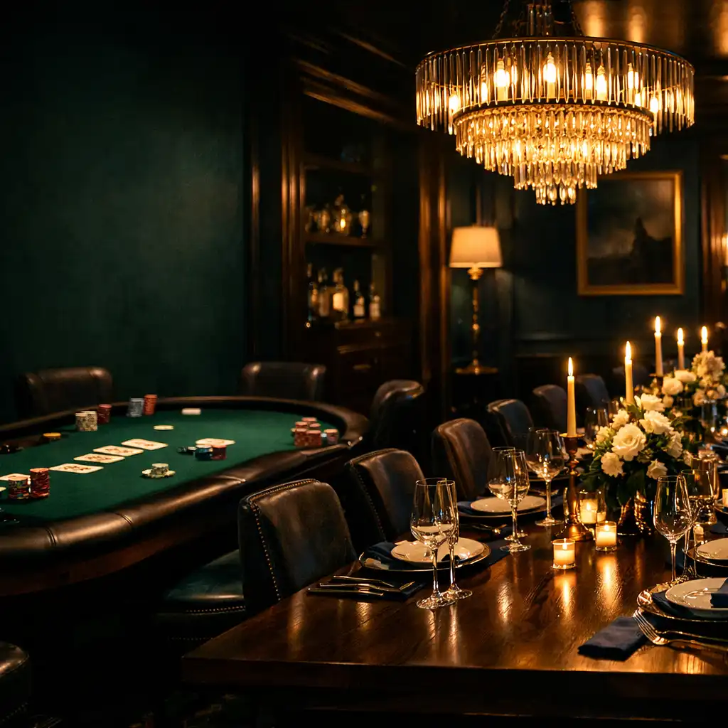 Elegant private dining room with a long table and adjacent poker table under warm lighting