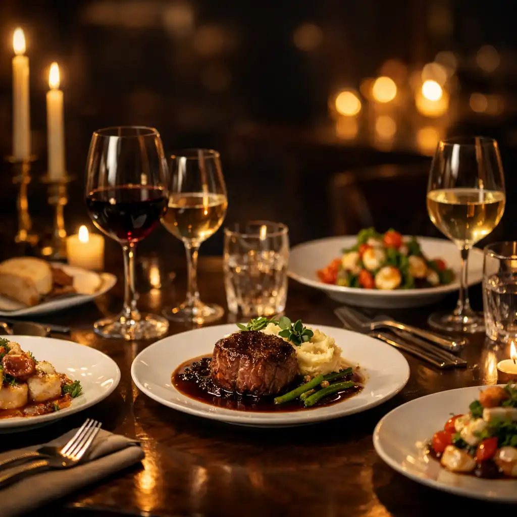 Elegant dining table set with gourmet dishes and wine glasses, warm candlelight, and dark luxurious background