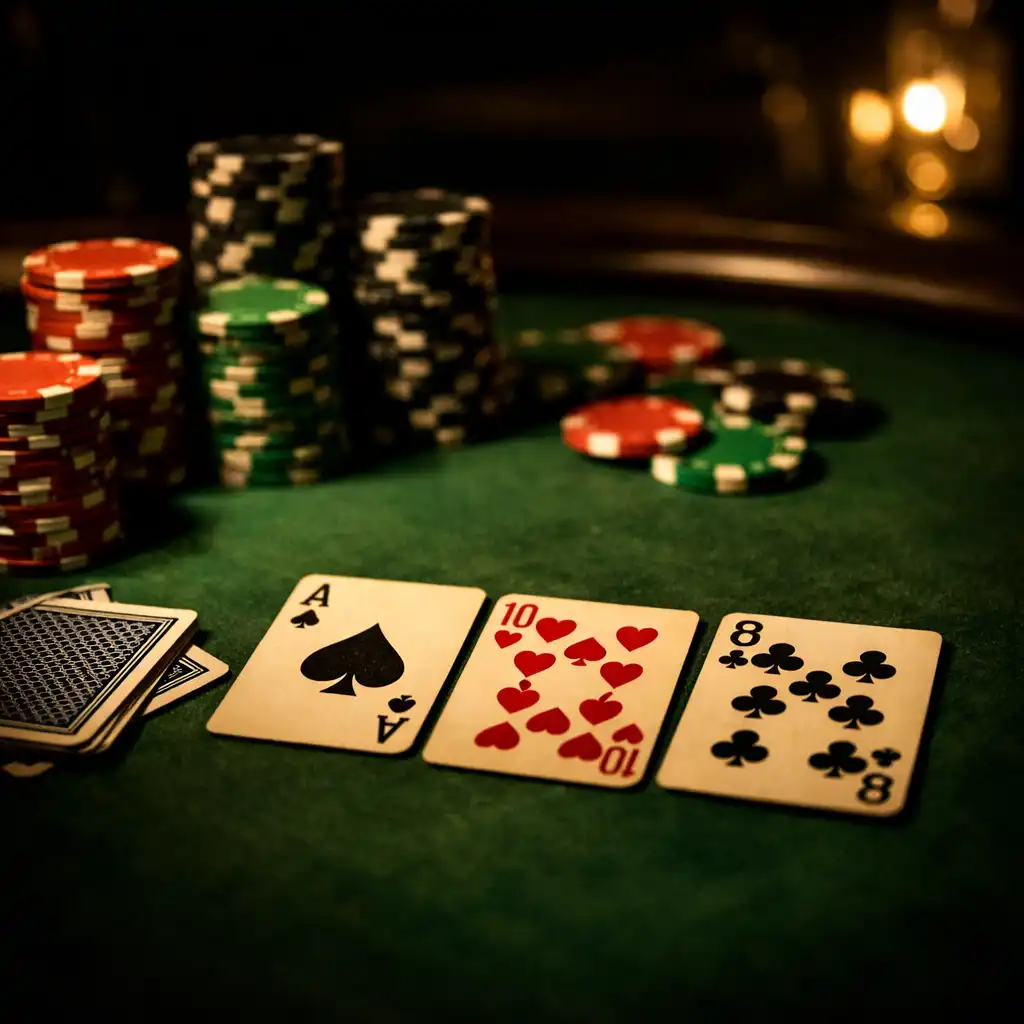 Dimly lit poker table with green felt, stacks of poker chips, and playing cards in a moody, luxurious setting