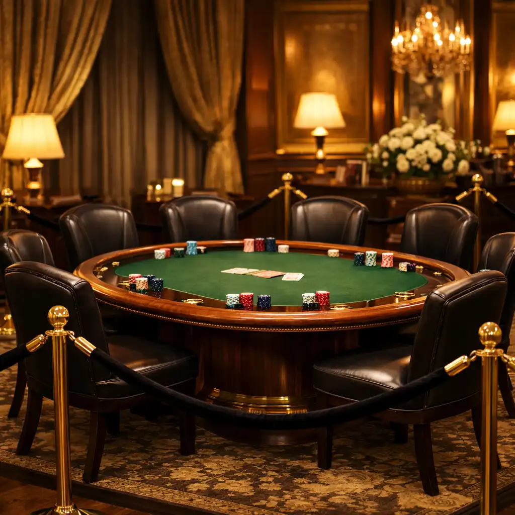 Private poker event setup with a single table, elegant gold accents, and soft lighting