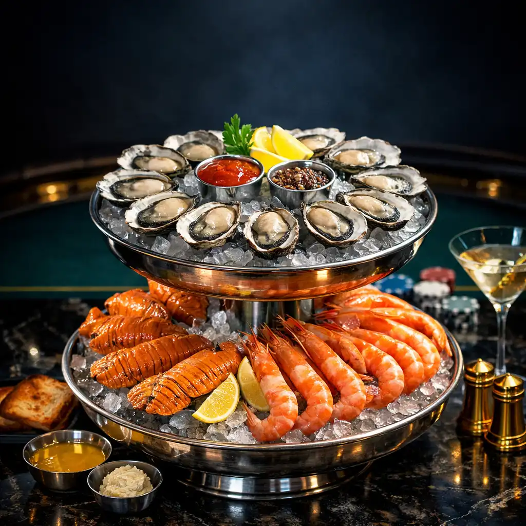 Seafood tower with Sydney rock oysters, prawns, and Moreton Bay bugs on ice