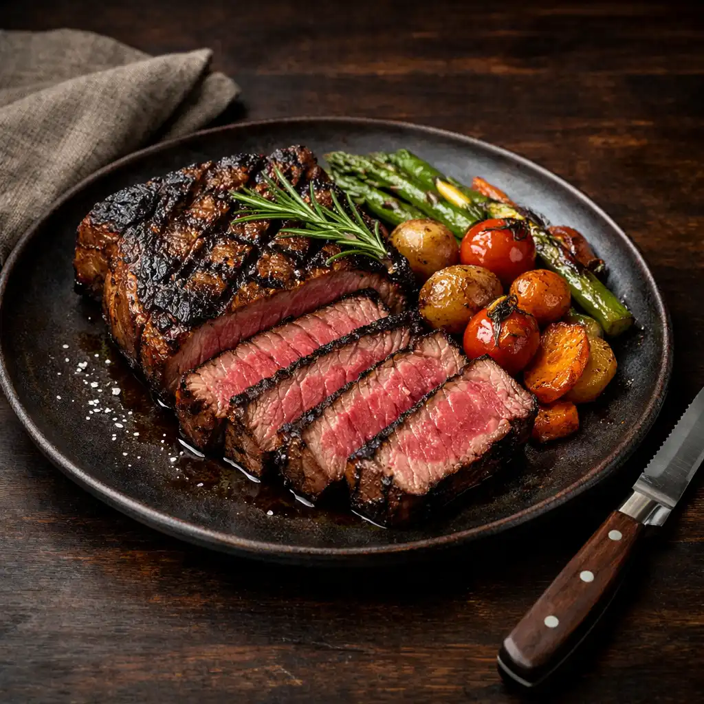 Plated dry-aged steak with char marks and roasted vegetables