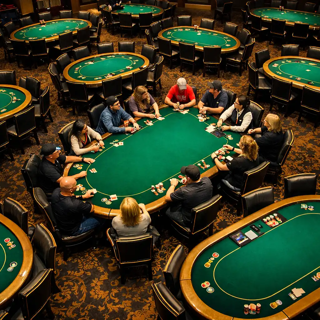 Tournament poker room with multiple tables arranged neatly under bright but moody lighting