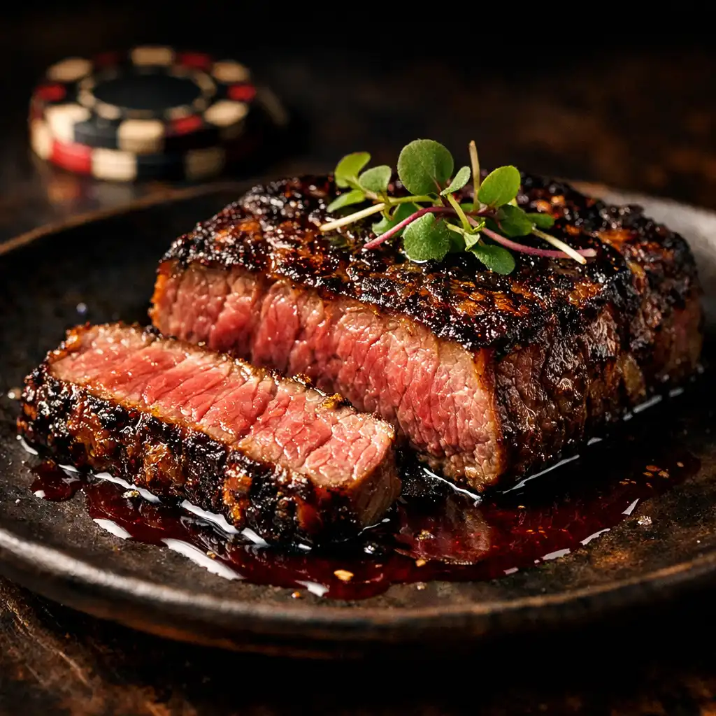 Sliced Wagyu steak with red wine jus on a dark ceramic plate